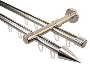 iso-design Edelstahl Optik Innenlauf Gardinenstange 2-läufig 16 mm mit Endstück Spitze, 140 cm