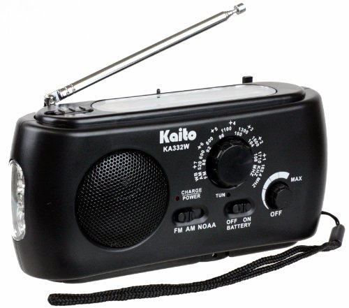 Kaito KA332W Radio météo solaire AM/FM NOAA à manivelle portable avec chargeur de téléphone portable et lampe de poche à 3 LED (noir)