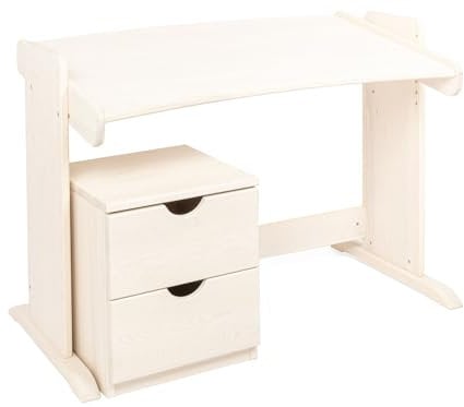 BioKinder Kinderschreibtisch Schülerschreibtisch Jugendschreibtisch Julia mit Rollcontainer, höhenverstellbar & neigbar, aus zertifiziertem Massivholz Kiefer weiß lasiert 110 x 66 x 54-73 cm