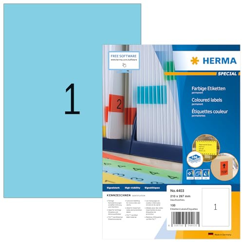 HERMA 4403 Farbige Etiketten blau, 100 Blatt, 210 x 297 mm, 1 pro A4 Bogen, 100 Stück, selbstklebend, bedruckbar, matt, blanko Papier Farbetiketten Aufkleber