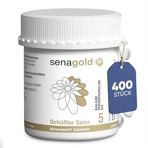 Senagold Schüssler Salze Nr. 5 – Kalium phosphoricum D6 – 400 Tabletten – Das Salz der Nerven und Psyche – gluten- & alkoholfrei – hergestellt nach Homöopathischem Arzneibuch in Deutschland