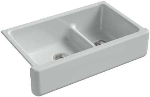 KOHLER Whitehaven® 35-3/4 Undermount Kitchen Sink, Self-Trimming, Smart Divide, Large/Medium Double-Bowl Kitchen Sinks with Tall Apron, K-6427-95, Ice Grey