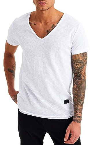 Leif Nelson Sommer T-Shirt Herren V-Ausschnitt (weiß, Größe M) - Coole Tshirts V-Neck Baumwolle - Basic Shirts Männer Kurzarm tiefem Ausschnitt