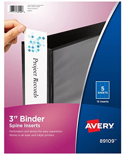 Avery Binder Spine Inserts, for 3 Inch Ring Binders Containing 3.5 Spine Width, 15 Cardstock Inserts (89109)