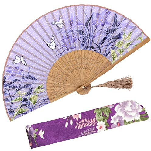 OMyTea Lily Chinese/Japanese Women Hand Held Silk Folding Fans with Bamboo Frame - With a Fabric Sleeve for Protection (WZS-9)