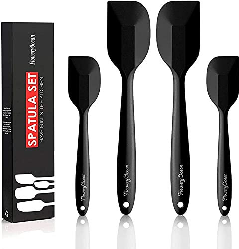 FloweryOcean 4 espátulas de silicona resistentes al calor, sin BPA, antiadherentes, Contiene núcleo de acero inoxidable y de diseño de una pieza sin costuras adecuado para Cocina y hornear (Negro)