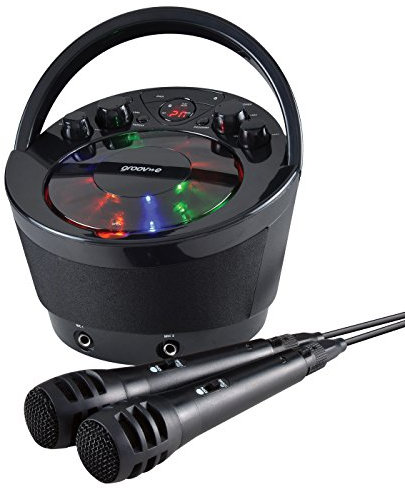 Groov-e Karaoke Boombox - Portable Karaoke Machine with CD Player, Bluetooth, LED Lights, Echo Control - Includes 2 Microphones & 10-Track Karaoke CD - Battery or Mains Powered - Black
