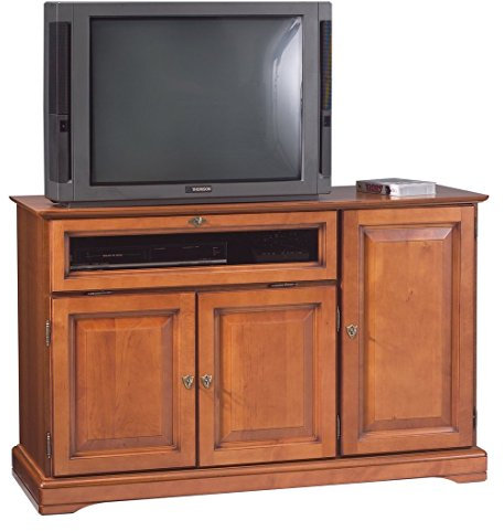 Générique Meuble TV 55 Pouces Merisier 3 Portes 1 Abattant Vitré L 120.5 H 77 P 46.5 cm