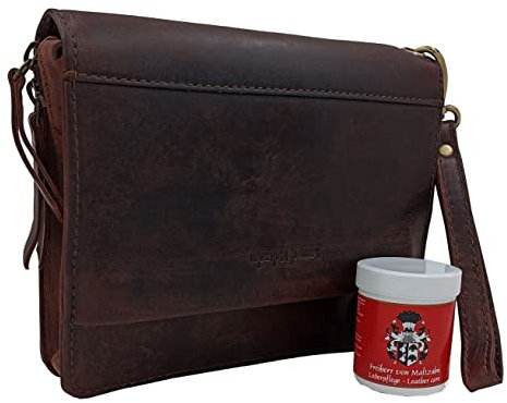BARON of MALTZAHN Handgelenktasche Herrentasche KANT aus braunem Büffel-Leder + Lederpflege