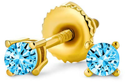 Boucles D'Oreilles Clous Solitaire En Zircon Cubique Taille Brillant Bleu Londres .2 En Argent Sterling Plaqué Or Avec Fermoir À Vis