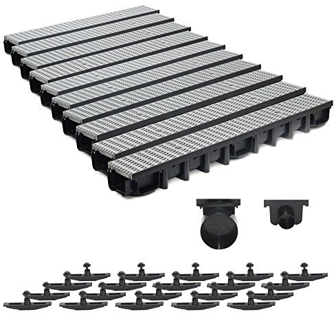 10m Entwässerungsrinne Belastungsklasse B125, 98mm komplett SET Stegrost Kunststoff (grau)