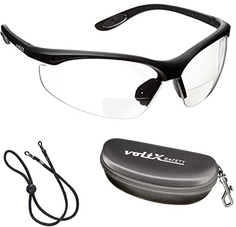voltX CONSTRUCTOR Bifocal Safety Glasses +1.0 Clear Lens - Cord - Case | UKCA & CE EN166F Certified - Clear Polycarbonate Lens - UV400 Anti-Fog - Includes Safety Cord and Safety Case