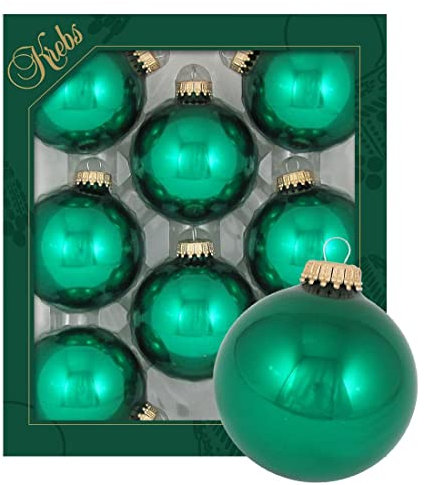 Dekohelden24 Lauschaer Christbaumschmuck - 8er Set Kugeln Uni glänzend smaragdgrün, 6,7 cm, mit goldenem Krönchen + 50 Schnellaufhänger in Gold GRATIS zu Ihrer Bestellung dazu !