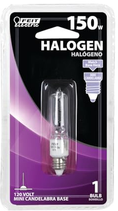 Feit Electric Halogen Light Bulb, 150W, E11 Mini Candelabra Base, 2200 Lumens, 3000K Warm White, Clear Finish, 2,000-Hour Life, Accent, Display, Appliance, Pool & Spa Lighting, BPQ150/CL/MC/RP
