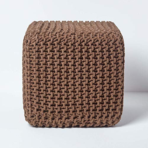 Homescapes gestrickter Sitzhocker Sitzwürfel braun, Strick Sitzpuff 35 x 35 x 35 cm, Strickhocker mit grob gestricktem Bezug aus 100% Baumwolle, Füllung aus 100% Polystyrol