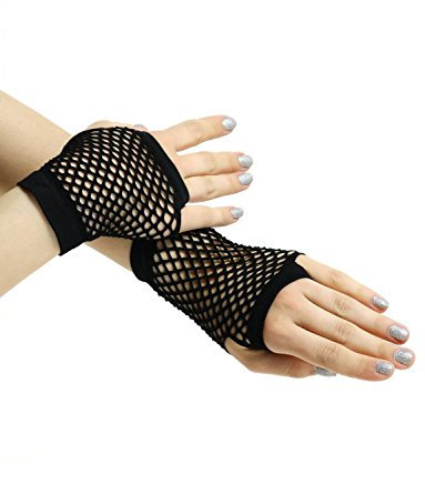 Yummy Bee - Fingerlose Netzhandschuhe - Lang Kurz - Damen Halloween Karnival 80er Kostüm (Schwarz, Kurz)