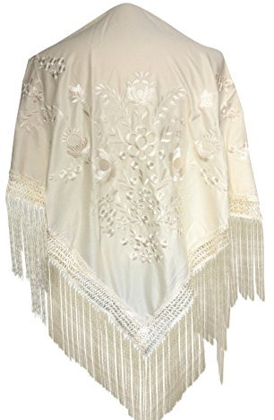 La Senorita Spanischer Manton Tuch Schal creme weiß einfarbig mit Blumen Größe: Large 190 * 90 cm für Damen