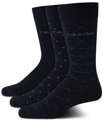 Calvin Klein Mens Dress Socks - 3 Pack Breathable Cotton Blend Patterned Crew Socks for Work, Business, and Formal Wear, Size 7-12, Navy