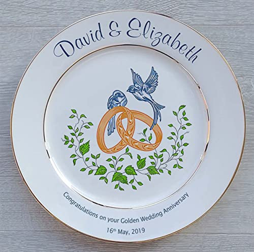 Personalised Golden Wedding Anniversary Plate with 2 Gold Bands - Rings and Doves Design