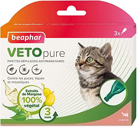 BEAPHAR – VETOPURE – Pipettes répulsives antiparasitaires pour Chaton – Extraits de Margosa – Contre Les puces, tiques et moustiques – Protection 3 Mois – Facile à appliquer – 3 pipettes