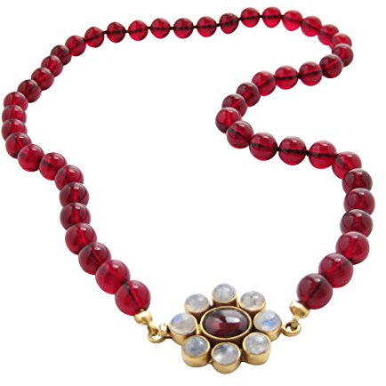 Rote Granat-Kette Collier Schließe Granat hell-blaue Mondsteine nach Botticelli-Gemälde Silber vergoldet Handarbeit Unikat Retro hochwertig Geschenk