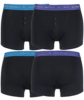 Jeff Banks Mens 2 Pack Plymouth Button Cotton Boxer Shorts Black/Purple/Teal S