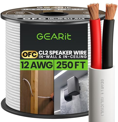 GearIT 12/2 Speaker Wire (250 Feet) 12AWG Gauge - in Wall Audio Speaker Wire Cable / CL2 Rated / 2 Conductors - OFC Oxygen-Free Copper, White 250ft