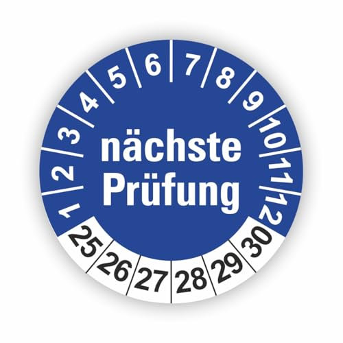 Fassbender-Druck PRÜFPLAKETTEN - Hochwertige Prüfetiketten NÄCHSTE PRÜFUNG Ø 20mm - Selbstklebende PVC-Folie - Wartungsetiketten für Prüfung - Prüfplakette für Prüfungsnachweis (120 Stück)