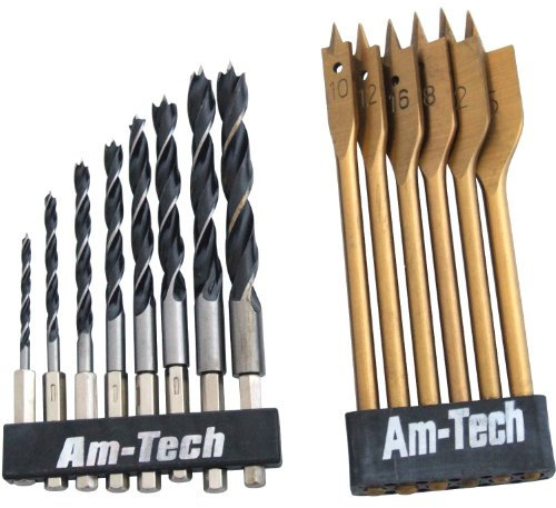 14 Piece Hex Shank Drill Bit Set - Flat Wood & Twist Wood Drill Sets