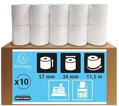 Exacompta - Réf. 5740120V - Lot de 10 bobines pour machine à calculer et caisse - largeur 57 mm x diamètre 38 mm - mandrin 12 mm - 1 pli offset extra-blanc 60g/m² - Métrage (+ ou - 2m) : 11,5 m