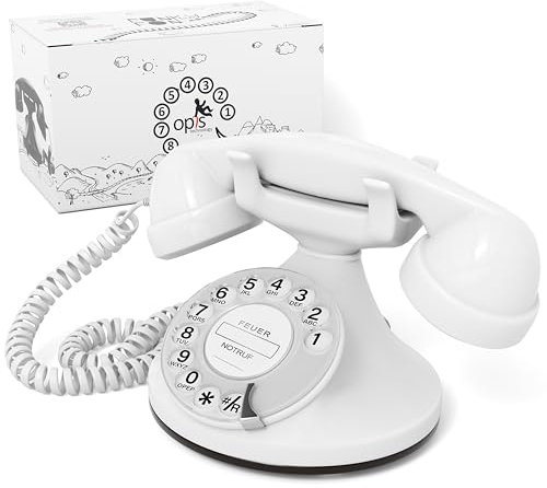 Opis FunkyFon Cable : Das Nostalgie Retro Telefon mit Wählscheibe - Nachbau von klassischem Vintage Wählscheibentelefon im geschwungenem 1920er Stil mit elektronischer Klingel (weiß)
