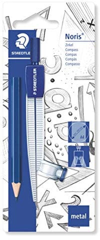 STAEDTLER 550 55 BK Schulzirkel mit Universaladapter und zusätzlichen kleinen Bleistift auf Blisterkarte, blau/silber