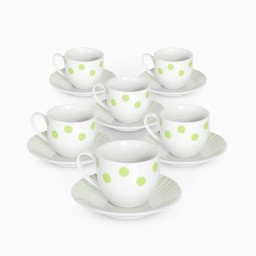 Albalù Set 6 Tazzine da Caffè con Piattino in Porcellana a Pois Verdi - Servizio Caffè Completo 12 Pezzi, 6 Tazzine e 6 Piattini Lavabili in Lavastoviglie, Idea Regalo e Bomboniera