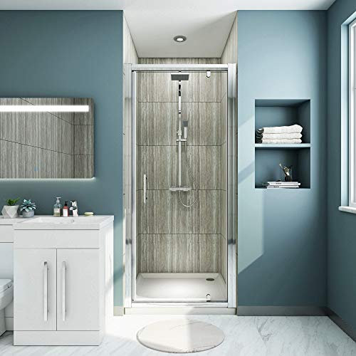 ELEGANT 1700x700mm Pivot Shower Door Framed Piovt Hinge Shower Enclosre 6mm Safety Glass Reversible Bathroom Shower Cubicles Panel + Stone Shower Tray with 90mm Waste