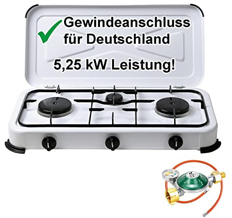 Campingkocher Gaskocher 3 flammig 50mbar Gasherd mit Gasschlauch und Gasregler mit 360°-Manometer Gas Füllstandsanzeige und Schlauchbruchsicherung 2 4