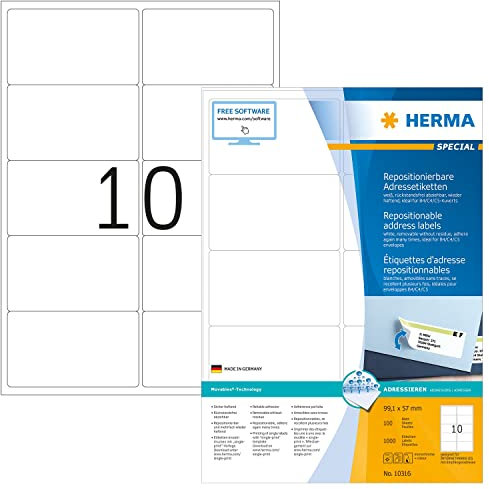 HERMA 10316 Universal Etiketten ablösbar, 100 Blatt, 99,1 x 57 mm, 10 pro A4 Bogen, 1000 Stück, selbstklebend, bedruckbar, matt, blanko Papier Klebeetiketten Aufkleber, weiß