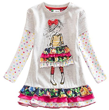 Neat Mädchen Blumen Langarm Baumwolle Kleid, 4-5 Jahre=104cm-110cm, LH3660Gray 5T