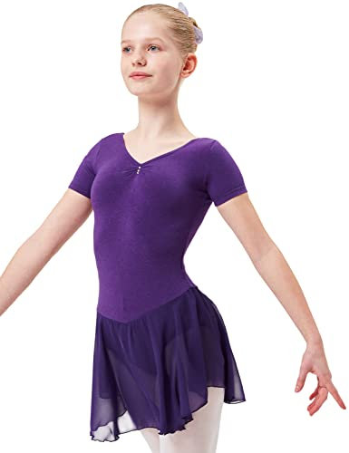tanzmuster ® Ballettkleid Mädchen Kurzarm - Betty - aus Baumwolle mit Glitzersteinen und Chiffon Röckchen in lila, Größe:116/122