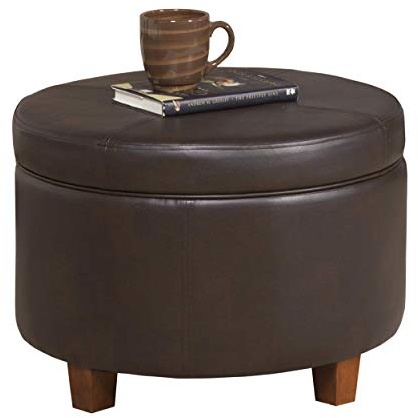 HomePop Round Leatherette Storage Ottoman with Lid, Chocolate Brown Large