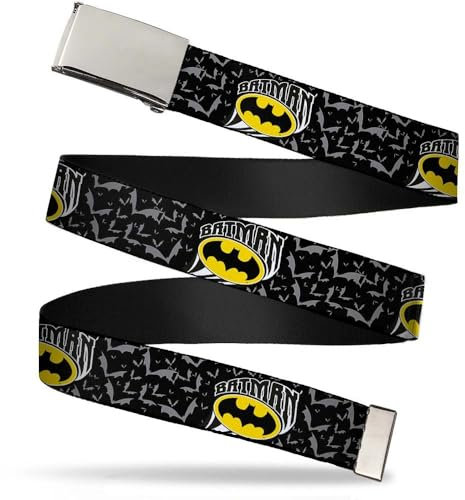 Buckle-Down Unisex-Erwachsene Web Belt 1.25 Gürtel, Batman W/Bat Shield & Flying Fledermäuse, Schwarz/Grau, 3 cm Breit-Passt Oben-107 cm Pant Größe
