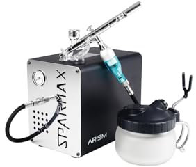 SPARMAX SPX59282 Aérographe SP35 + Compresseur ARISM + Station nettoyage SCP-700 Airbrush-Set, chrom, Taille de l'aiguille : 0,35 mm