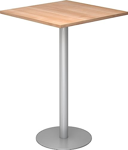 bümö Stehtisch Büro, Bistrotisch eckig 80 x 80 cm - Bartisch Nussbaum, Stehtisch Holz-Platte, Säule aus Metall in Silber, Buffettisch, Säulentisch, Partytisch, Thekentisch, Hochtisch, Barmöbel
