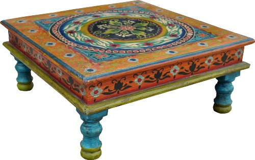 GURU SHOP Bemalter Kleiner Tisch, Minitisch, Blumenbank - Ornament Blau/gelb, Mehrfarbig, 16x38x38 cm, Kaffeetische & Bodentische