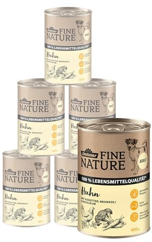 Dehner Fine Nature Hundefutter, Nassfutter in Lebensmittelqualität, für ausgewachsene Hunde, Huhn, 6 x 400 g Dose (2.4 kg)