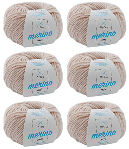 Merinowolle - Merino Wolle mandel (Fb 9904) - 6 Knäuel beige Merinowolle zum Stricken -Strickgarn Merino + GRATIS MyOma Label - 50g/120m - MyOma Wolle - weiche Wolle - Merino Garn
