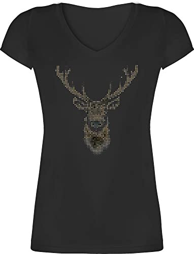 T-Shirt Damen V Ausschnitt - Weihnachten Geschenke Christmas Bekleidung - Hirsch Pixel - XXL - Schwarz - trachtenshirt weihnachtsoutfit weihnachtsmotiv Tracht Shirts weihnachtsshirt weihnachtsshirts