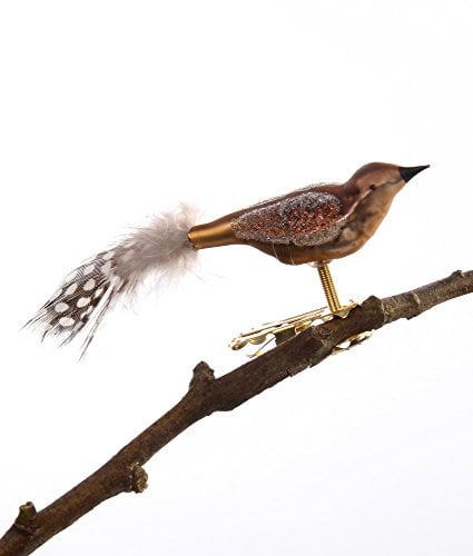 Thüringer Weihnacht 52-025 Glas-Vogel, Mini-Perlhuhn mit Naturfeder, braun, 2 Stück
