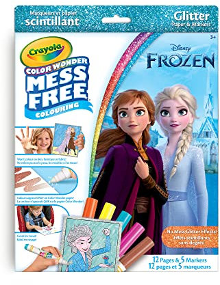 CRAYOLA Color Wonder Glitter Kit for Kids - Includes 12 Glitter Pages and 6 Markers, Non-toxic, Washable, Movie Princess Theme, Small, Unisex
