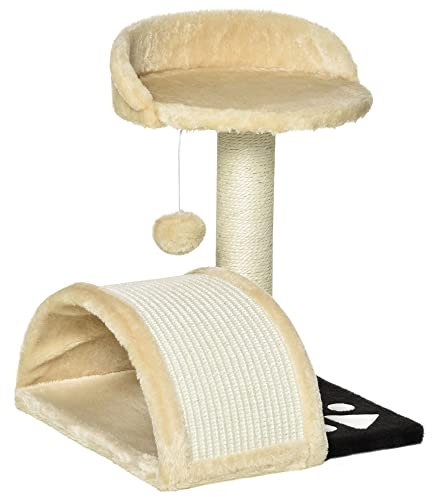 PawHut Árbol Rascador para Gatos Pequeño Altura 40 cm de 2 Niveles con Poste Tablero para Rascar Plataformas y Juguete de Bola Colgante 35,5x37x46 cm Beige