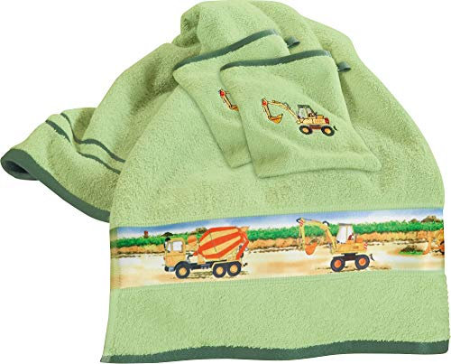 Erwin Müller Kinder-Frottier-Set, Handtuch-Set Traktor 3-TLG. Bagger grün Größe - Handtuch und 2X Waschlappen, 100% Baumwolle, mit Webbordüre